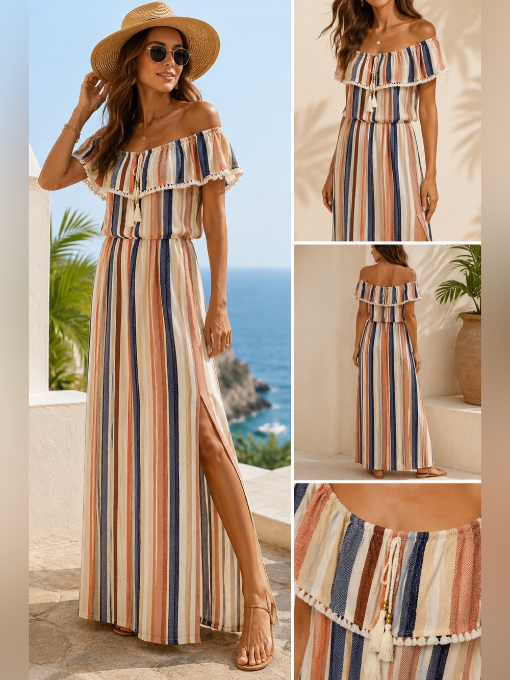 Derek Heart Off Shoulder Striped Maxi Dress Tassel Boho Resort Beach L JR